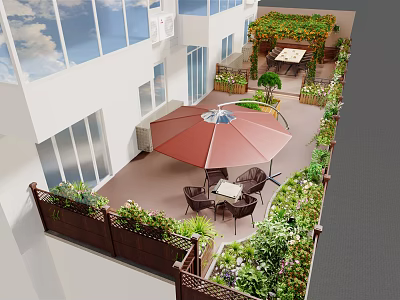 Balcony Garden Landscape Design With Red Umbrella Outdoor Seating And Lush Green Plants 3d model