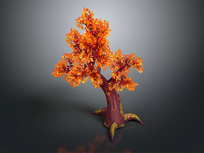 Decorative 3D Model Tree With Dark Red Trunk Yellow Tipped Roots And Orange Leaves 3d model
