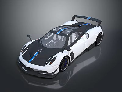Sleek White And Black Sports Car With Blue Stripes And Rear Wing Design 3d model