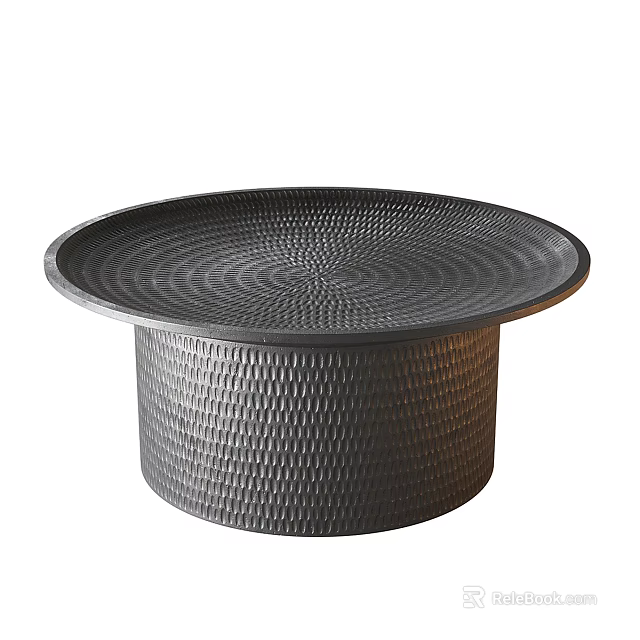 Round Coffee Table With Spiral Textured Top And Cylindrical Diamond Pattern Base 3d model 