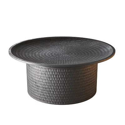 Round Coffee Table With Spiral Textured Top And Cylindrical Diamond Pattern Base 3d model