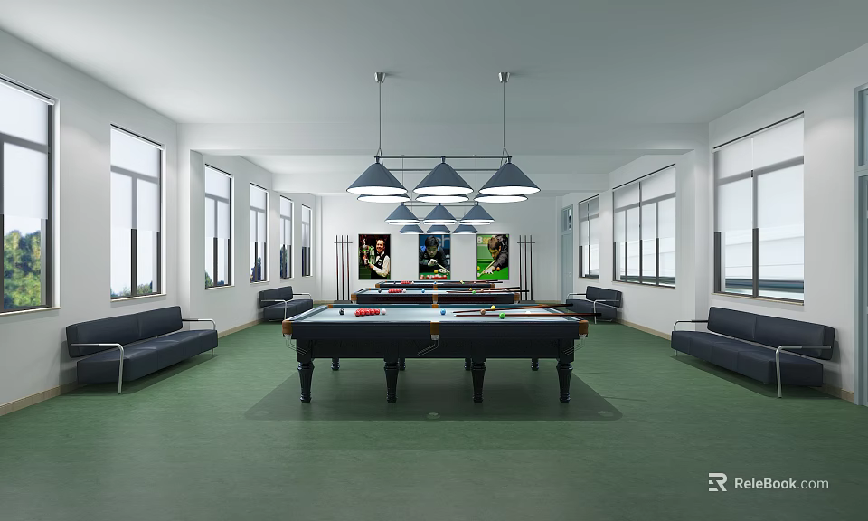 Spacious Billiard Room With Central Table Blue Sofas Large Windows Pendant Lights And Wall Posters 3d model 