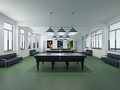 Spacious Billiard Room With Central Table Blue Sofas Large Windows Pendant Lights And Wall Posters 3d model
