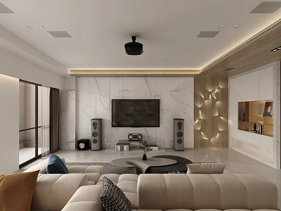 Modern Living and Dining Room Interior With Marble Wall Large TV Beige Sofa And Projector 3d model