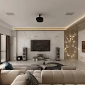 Modern Living and Dining Room Interior With Marble Wall Large TV Beige Sofa And Projector