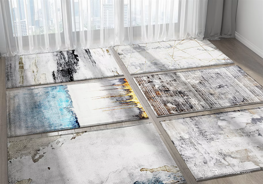 Square Rugs With Abstract Art Patterns Soft Textured Neutral Tones Blue Accents Living Room Floor Decor 3d model 