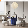 Modern Dining Table Set Blue Round Table White Curved Chairs Spherical Light Sculpture And Window 3d model
