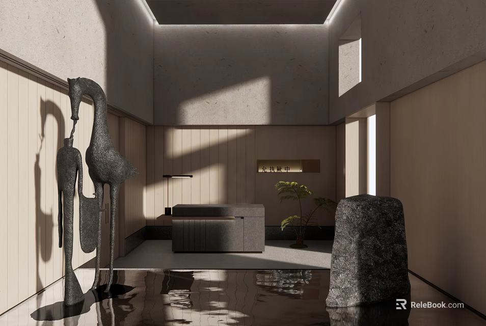 Modern Reception Area Interior With Sculptures Gray Sofa Stone Decor And Plant 3d model 