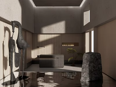 Modern Reception Area Interior With Sculptures Gray Sofa Stone Decor And Plant 3d model