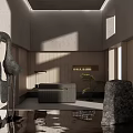 Modern Reception Area Interior With Sculptures Gray Sofa Stone Decor And Plant