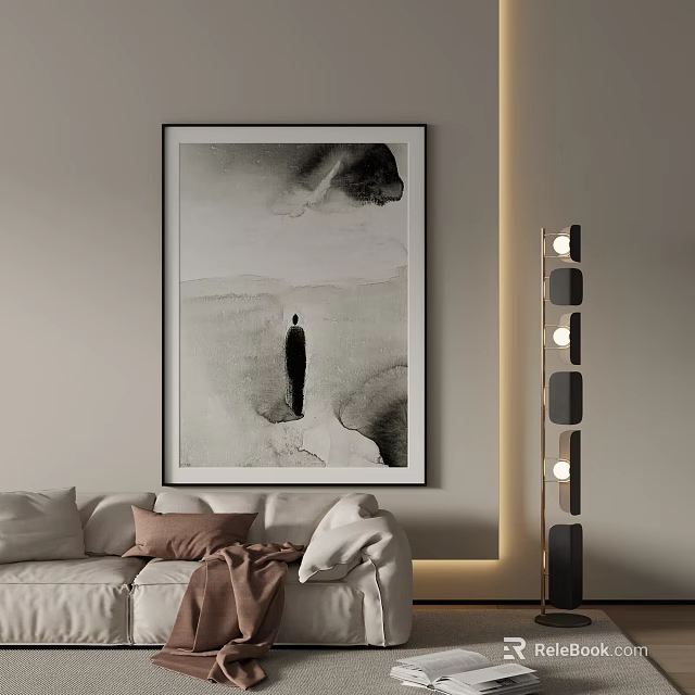 Black and White Landscape Painting Featuring Person Standing in Living Room Sofa Pillows Floor Lamp 3d model 