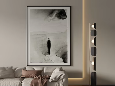 Black and White Landscape Painting Featuring Person Standing in Living Room Sofa Pillows Floor Lamp 3d model