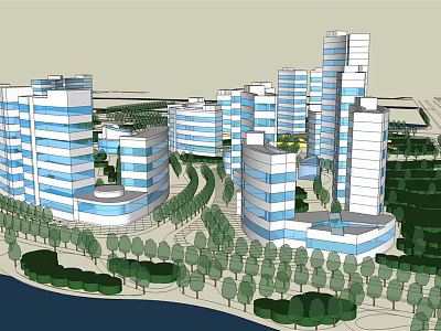 Modern High Rise Office Buildings With Glass Facades And Surrounding Greenery 3d model