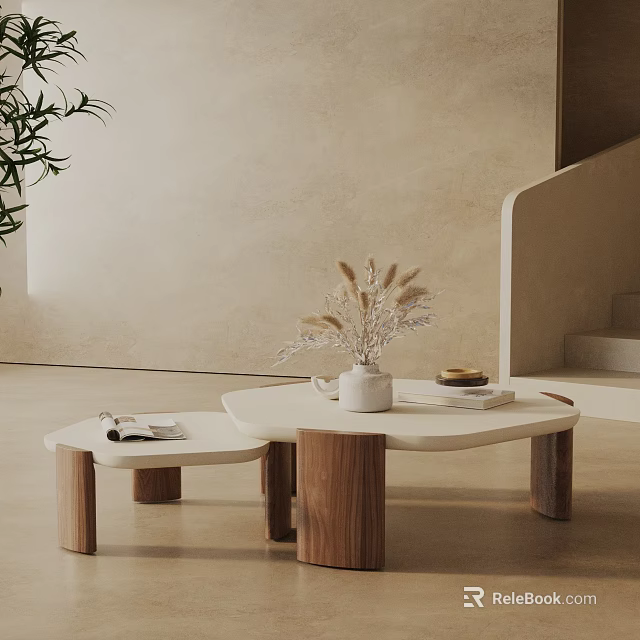 Sofa and Coffee Table Combination with Wooden Legs Dried Plant Vase Book and Beige Wall 3d model 