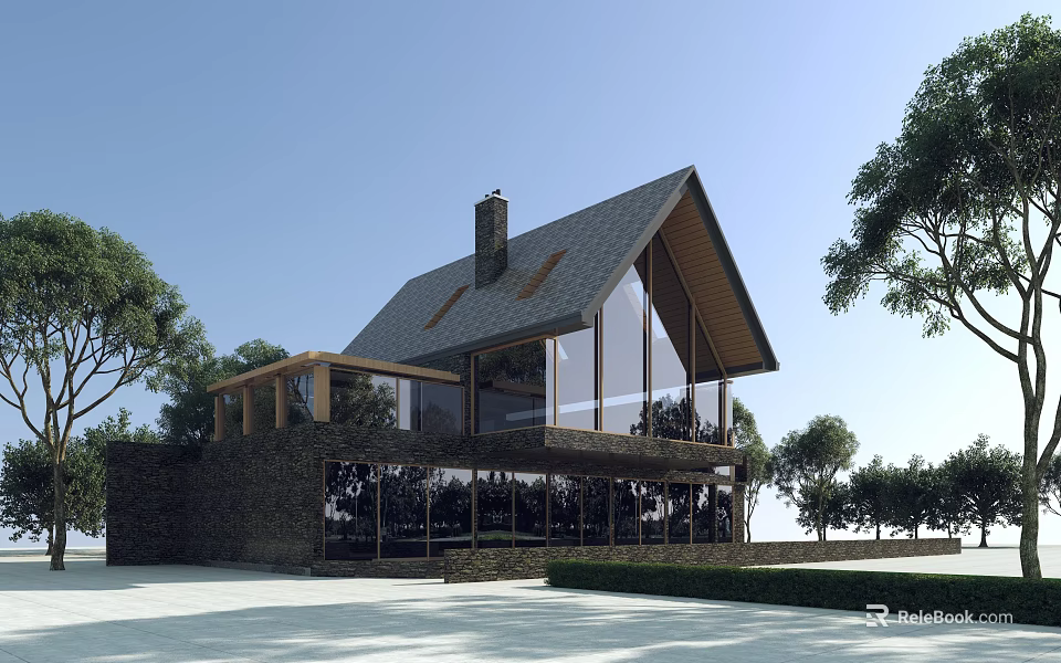 Modern Detached Villa With Gabled Roof Chimney Large Glass Windows Stone Exterior Surrounded By Trees 3d model 