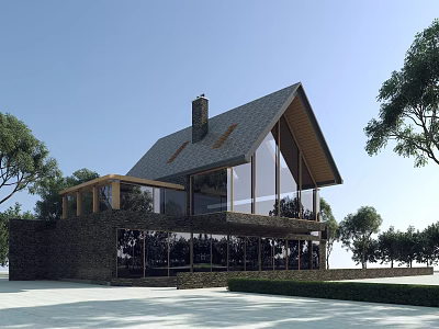 Modern Detached Villa With Gabled Roof Chimney Large Glass Windows Stone Exterior Surrounded By Trees 3d model