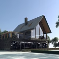 Modern Detached Villa With Gabled Roof Chimney Large Glass Windows Stone Exterior Surrounded By Trees