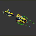 Two Yellow And Blue Streamlined Jet Skis With Gold Accents And Modern Design