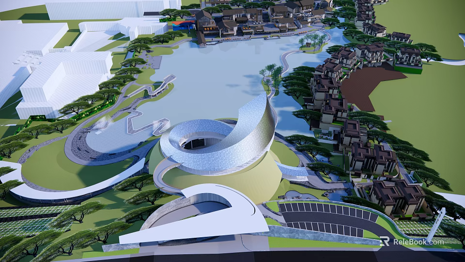Modern Park Landscape With Curved Architecture Lake Paths And Green Spaces 3d model 