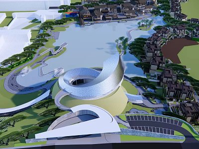 Modern Park Landscape With Curved Architecture Lake Paths And Green Spaces 3d model