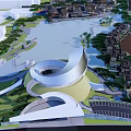 Modern Park Landscape With Curved Architecture Lake Paths And Green Spaces