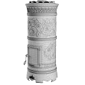 Decorative White Ceramic Fireplace with Intricate Floral Ornaments and Flames