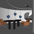 Modern Office Desk Interior With Oval Shaped Design Brown Leather Chairs And Blue Pendant Lights
