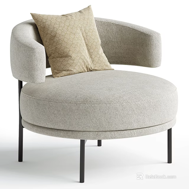 Modern Beige Fabric Armchair With Curved Armrests Round Seat And Black Metal Legs 3d model 