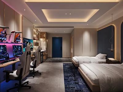 Gaming Hotel Guest Room with Dual Computers Gaming Chairs Two Beds and Modern Lighting 3d model