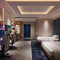 Gaming Hotel Guest Room with Dual Computers Gaming Chairs Two Beds and Modern Lighting