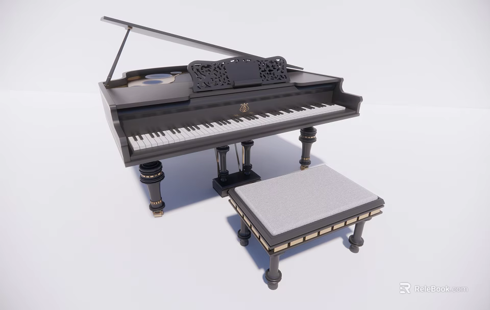 Black Grand Piano With Carved Design And Wooden Stool For Musical Instrument Art Supplies 3d model 