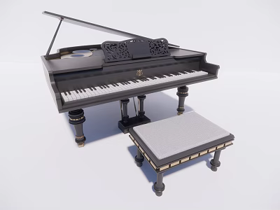 Black Grand Piano With Carved Design And Wooden Stool For Musical Instrument Art Supplies 3d model