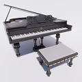 Black Grand Piano With Carved Design And Wooden Stool For Musical Instrument Art Supplies