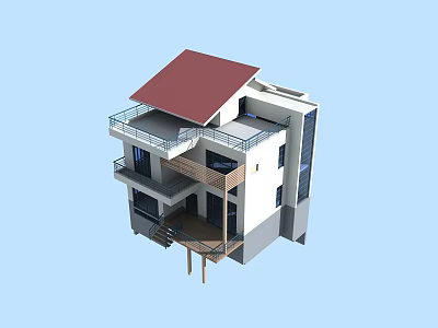 Modern Detached Villa With Red Roof Balcony And Multi Story Exterior 3d model