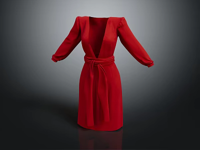 Elegant Red V Neck Long Sleeve Dress With Waist Belt Detail 3d model