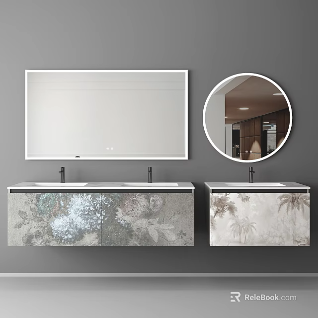 Modern Bathroom Vanity with Double Sink Palm Leaf Patterns and Rectangular Round Mirrors 3d model