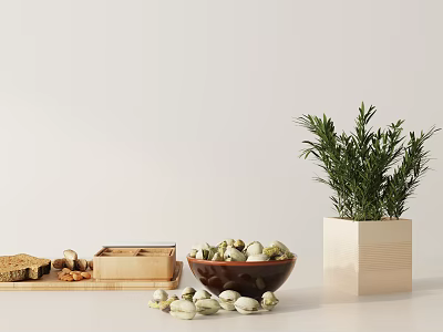Pistachios In Bowl With Assorted Snacks And Herb Plant Decoration 3d model Pistachios In Bowl With Assorted Snacks And Herb Plant Decoration 3d model