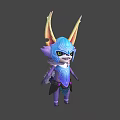 Animated Fantasy Creature Character With Blue Head Yellow Pink Ears And Purple Decorative Outfit