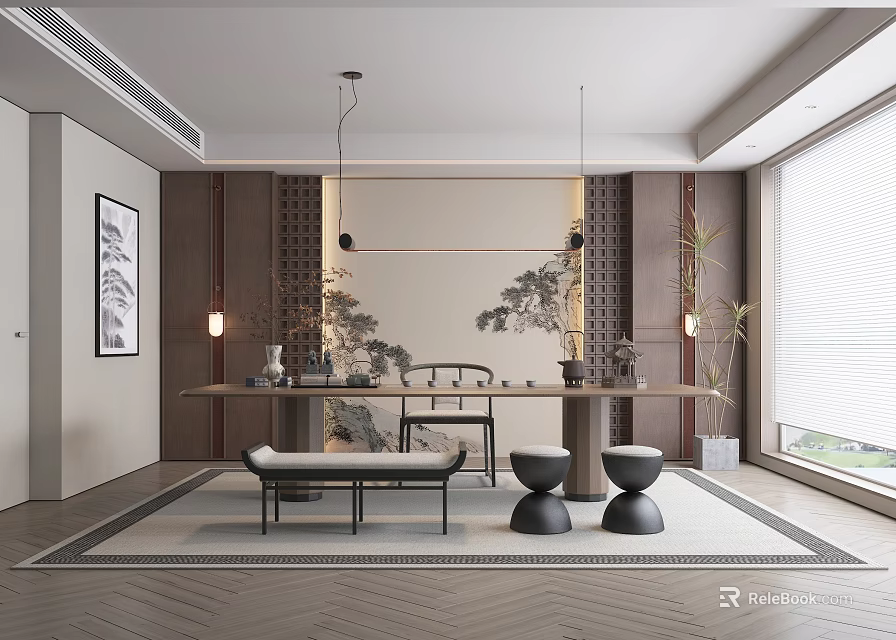 Traditional Tea Room Interior With Wooden Decor Tea Sets Long Table Hanging Lamps And Rug 3d model 