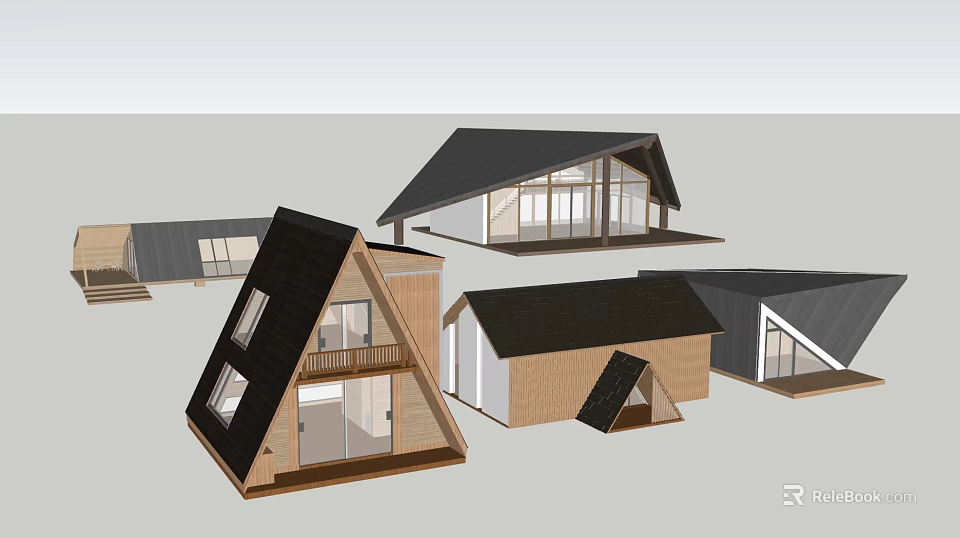 Modern Wooden House Designs With Black Roofs Large Windows And Various Structures 3d model 