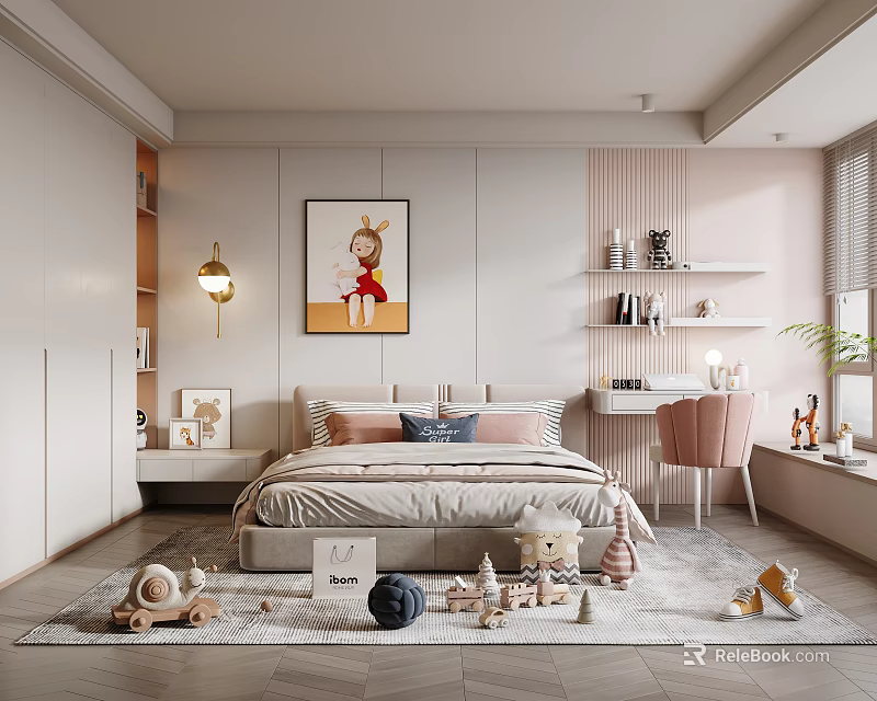 Cozy Kids Room Interior With Bed Toys Decorative Painting And Playful Shelves 3d model 
