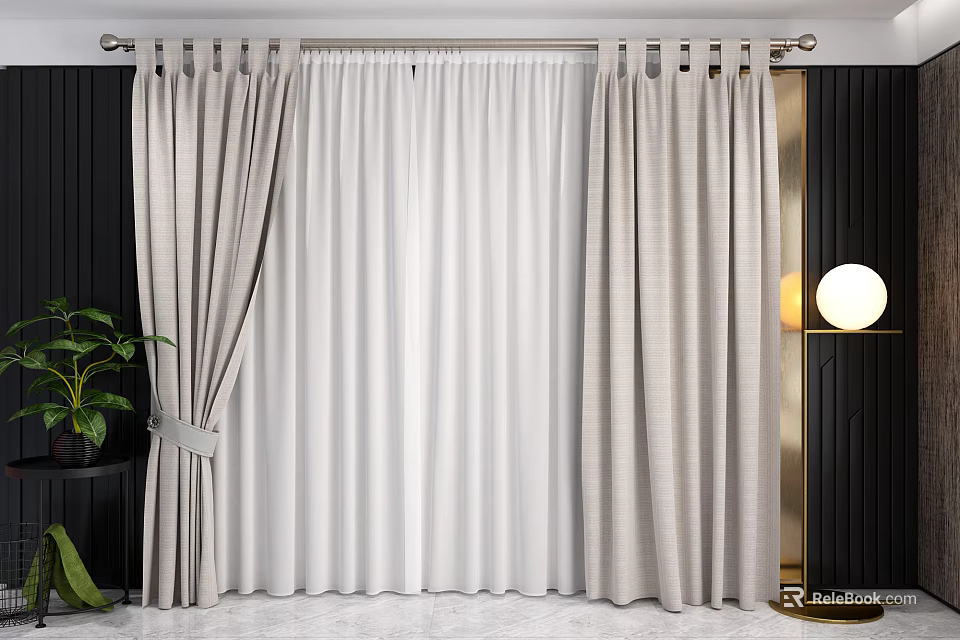 Light Gray Curtains With White Sheer Layer Metal Rod Black Wall And Gold Floor Lamp 3d model 