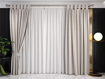 Light Gray Curtains With White Sheer Layer Metal Rod Black Wall And Gold Floor Lamp 3d model