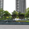 Modern Residential Landscape Building With Glass Facade Plaza And Outdoor Umbrellas