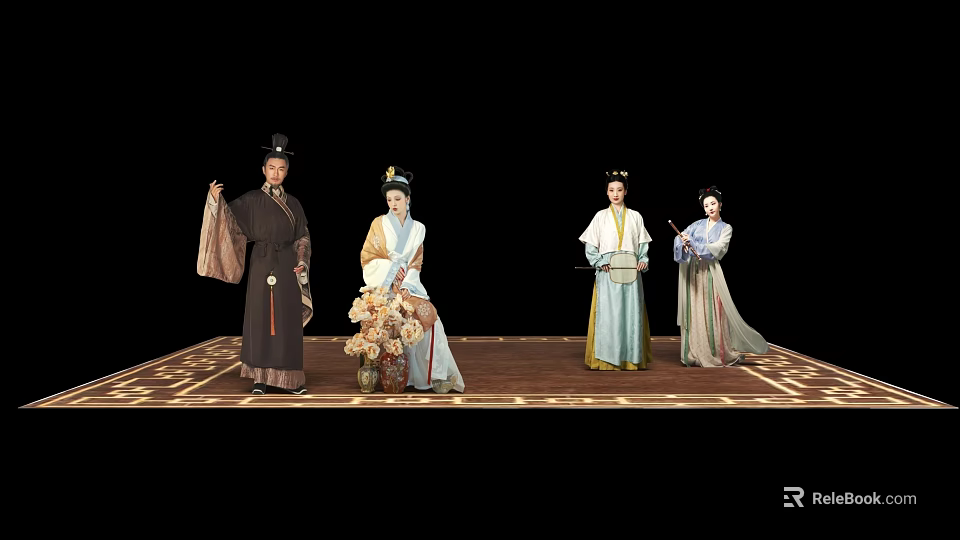 Traditional Chinese Performers In Historical Costumes With Props On Ornate Stage 3d model 