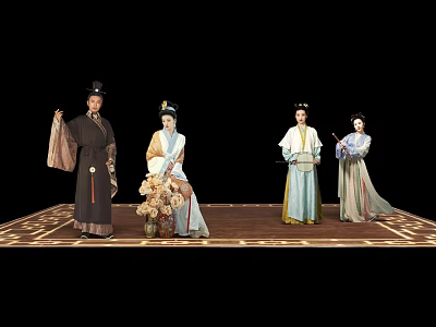 Traditional Chinese Performers In Historical Costumes With Props On Ornate Stage 3d model