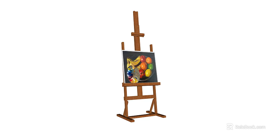 Musical Instruments and Art Supplies Setup with Easel and Colorful Fruit Painting 3d model 