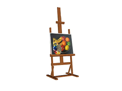 Musical Instruments and Art Supplies Setup with Easel and Colorful Fruit Painting 3d model