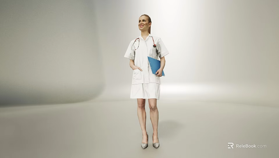 Smiling Woman In White Medical Uniform With Stethoscope Holding Blue Folder In Light Background 3d model 