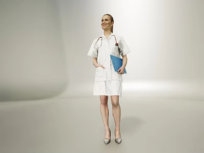 Smiling Woman In White Medical Uniform With Stethoscope Holding Blue Folder In Light Background 3d model